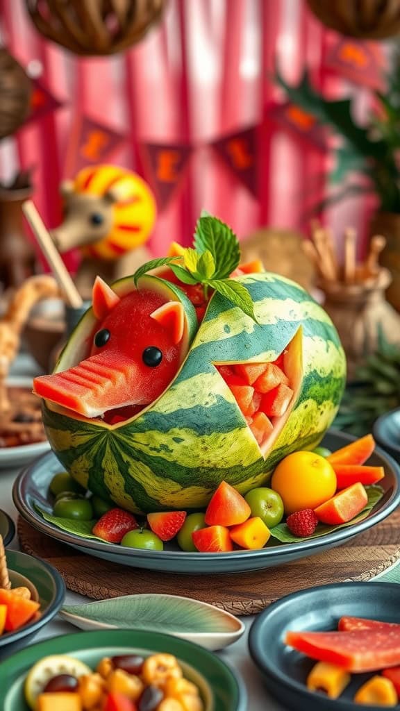 A carved watermelon shaped like a warthog filled with assorted fresh fruits.