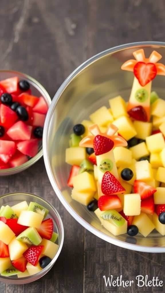 Colorful fruit cups shaped like giraffes filled with various fruits and displayed on a plate.