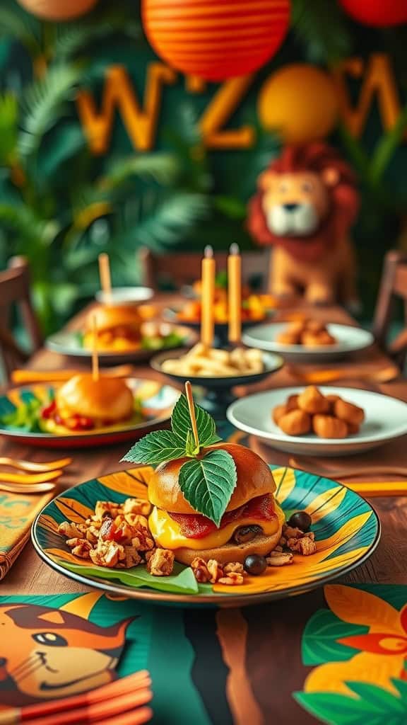 Savory sliders with beef patties, cheese, and toppings on a colorful plate