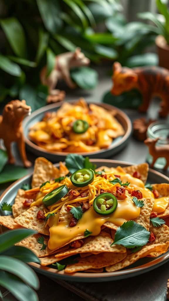 A plate of nachos topped with melted cheese, jalapeños, and other delicious ingredients.