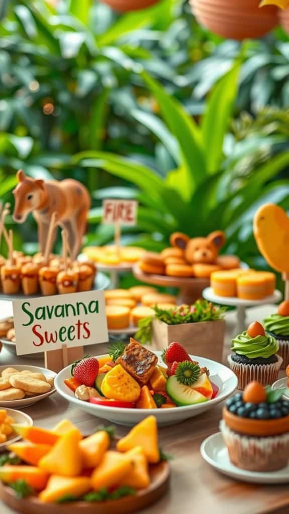 Colorful fruit salad with animal-shaped cookies for a safari-themed party.