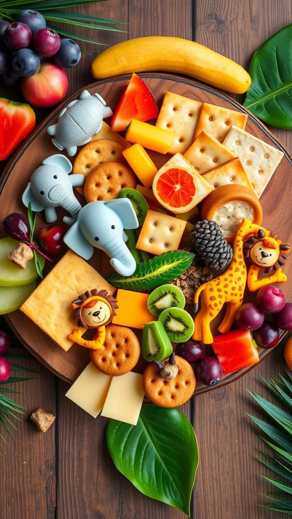 A colorful safari cheese and cracker board featuring animal cut-outs, fresh fruits, and assorted crackers.