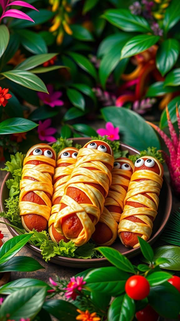 Cute crescent-wrapped hot dogs styled as mummies, perfect for a jungle-themed party.