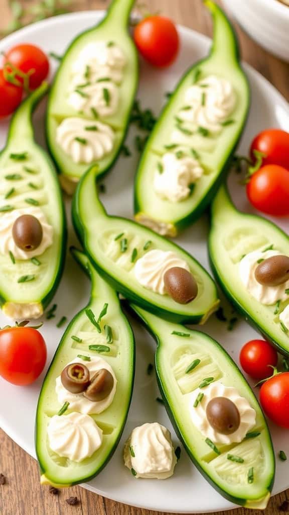 Crocodile Cucumber Bites on a colorful platter with fruits and vegetables