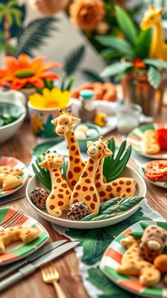 Colorful giraffe-spotted cookies for a kids' safari birthday party.