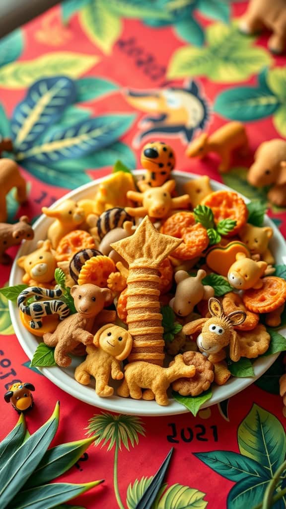 A plate of colorful safari animal crackers decorated for a birthday party