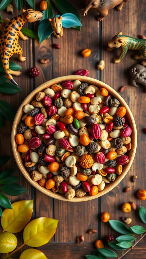 A bowl of colorful trail mix filled with nuts, seeds, and dried fruits, perfect for a jungle-themed party.