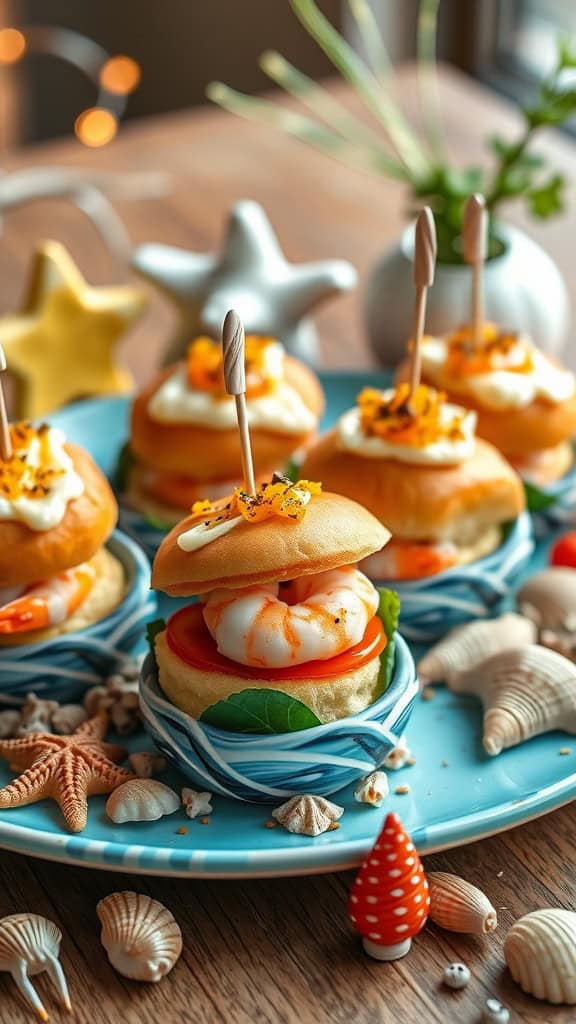 Mini shrimp sliders with zesty remoulade sauce, served on a blue plate, perfect for an under the sea themed birthday party.