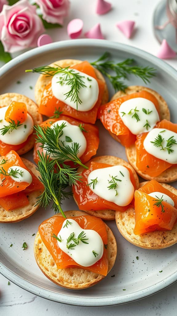 Salmon blinis topped with smoked salmon and cream, garnished with dill.