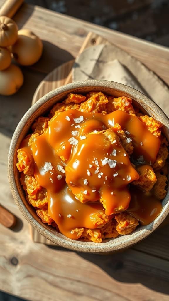 A bowl of sweet potato casserole topped with salted caramel sauce and sea salt.