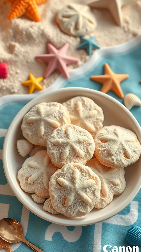 A plate of sand dollar cookies dusted with powdered sugar, resembling beach sand