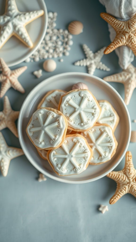 Sugar cookies shaped like sand dollars, beautifully decorated, ideal for an ocean-themed party.