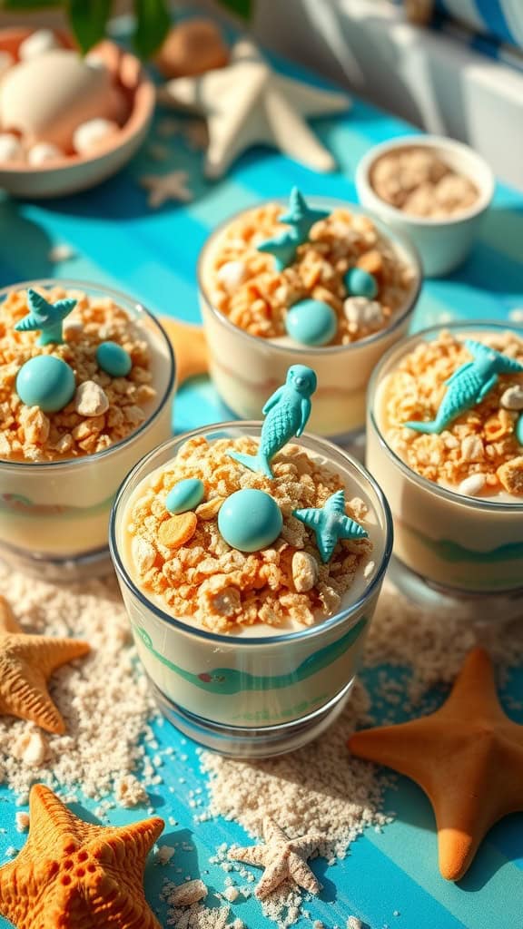 Sandy Beach Pudding Cups with layers of vanilla pudding and graham cracker crumbs, decorated with colorful candy seashells.