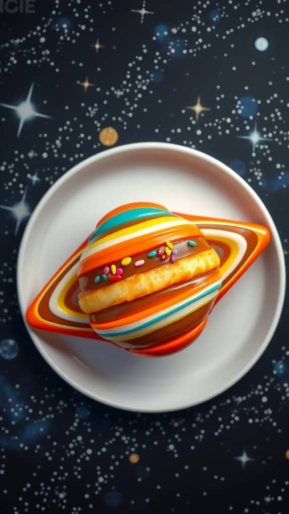 Mini donuts decorated with colorful glazed icing and sprinkles resembling Saturn's rings