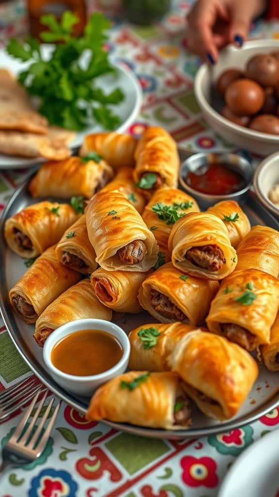 A platter of sausage and cheese crescent roll-ups garnished with fresh parsley.