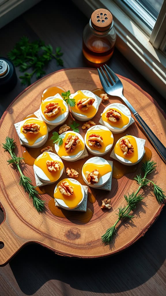 Mini Brie bites topped with honey and walnuts on a wooden serving platter