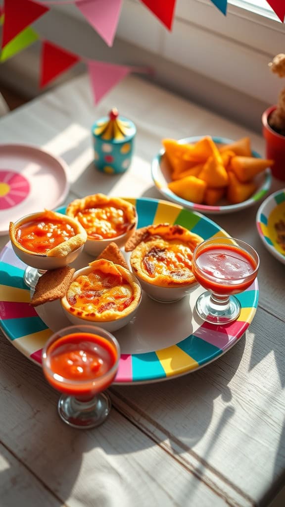 Picture of mini grilled cheese dippers with tomato soup shooters on a colorful plate.