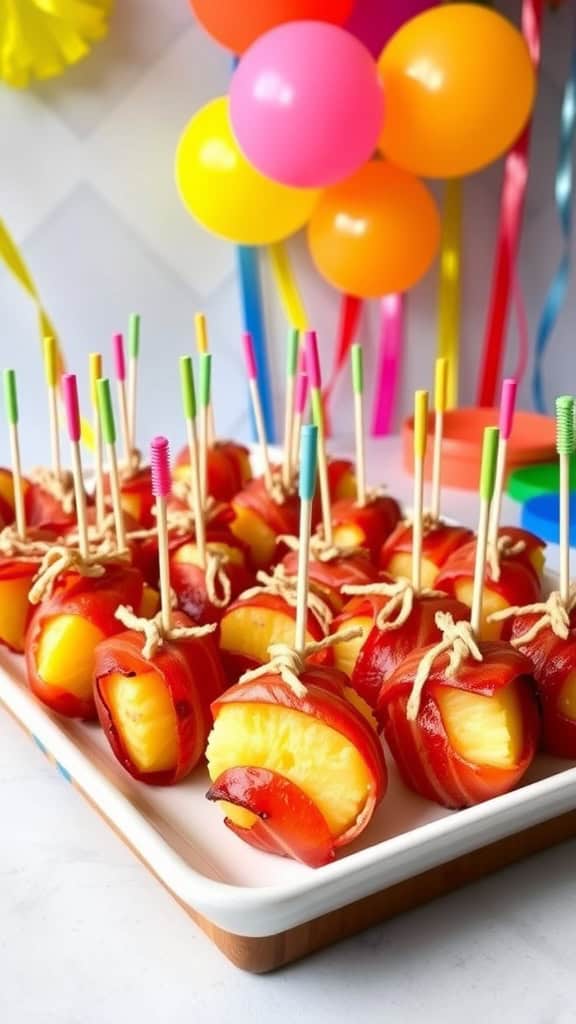 Bacon-wrapped pineapple bites served on a platter at a party.