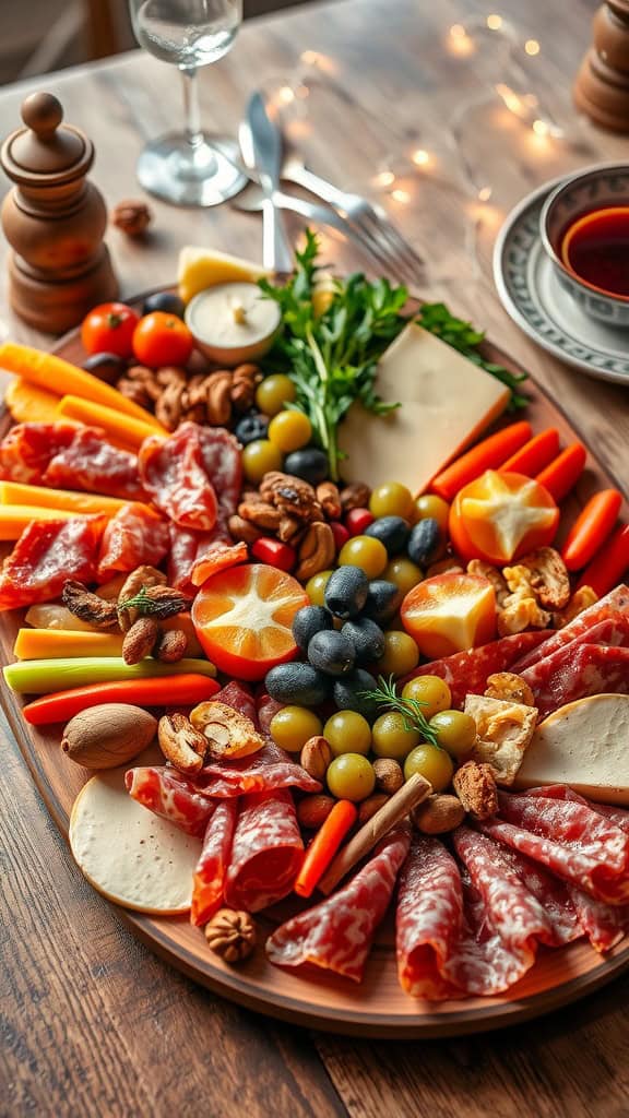 A colorful savory appetizer board with meats, cheeses, vegetables, and nuts, perfect for a party.