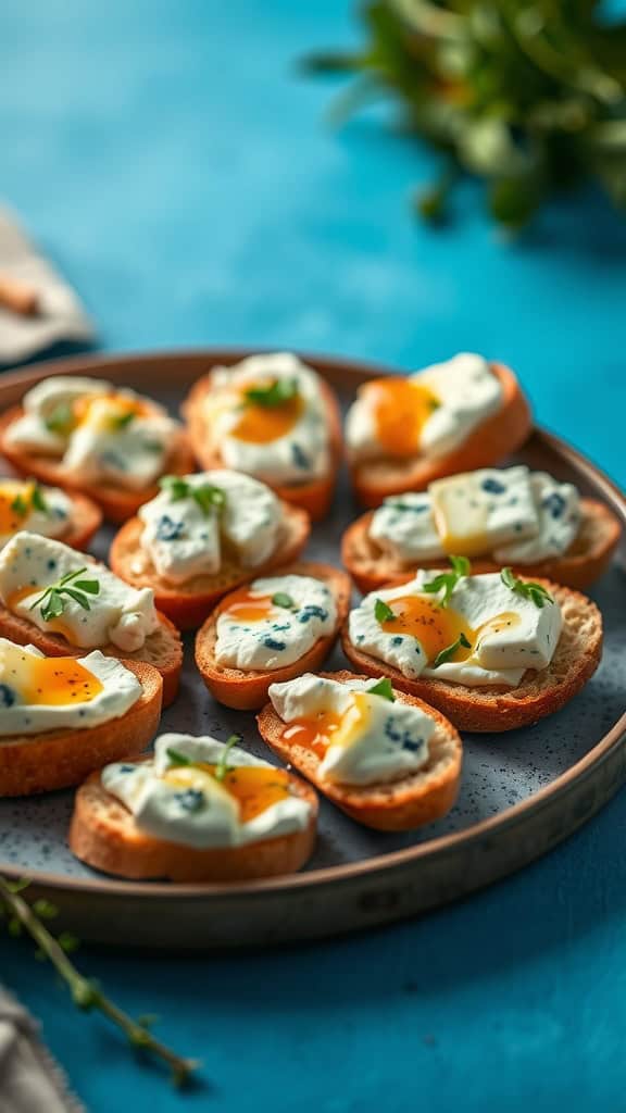 Savory blue cheese crostini on a plate garnished with chives.