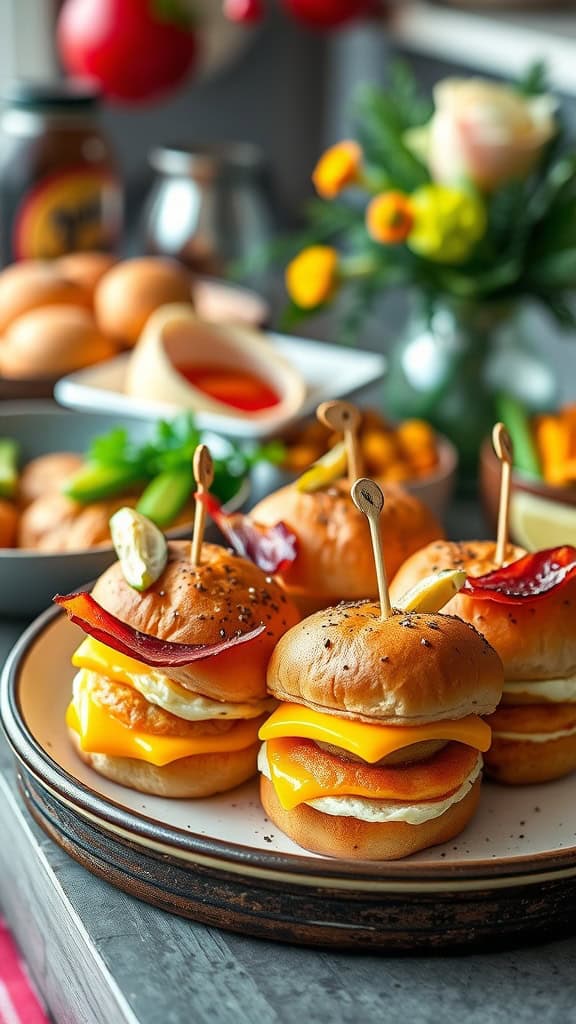 Savory breakfast sliders on a plate with toppings