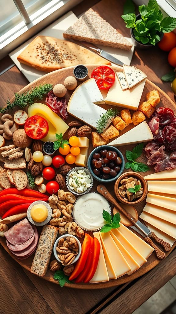 Savory cheese and charcuterie board with various cheeses, meats, vegetables, and nuts