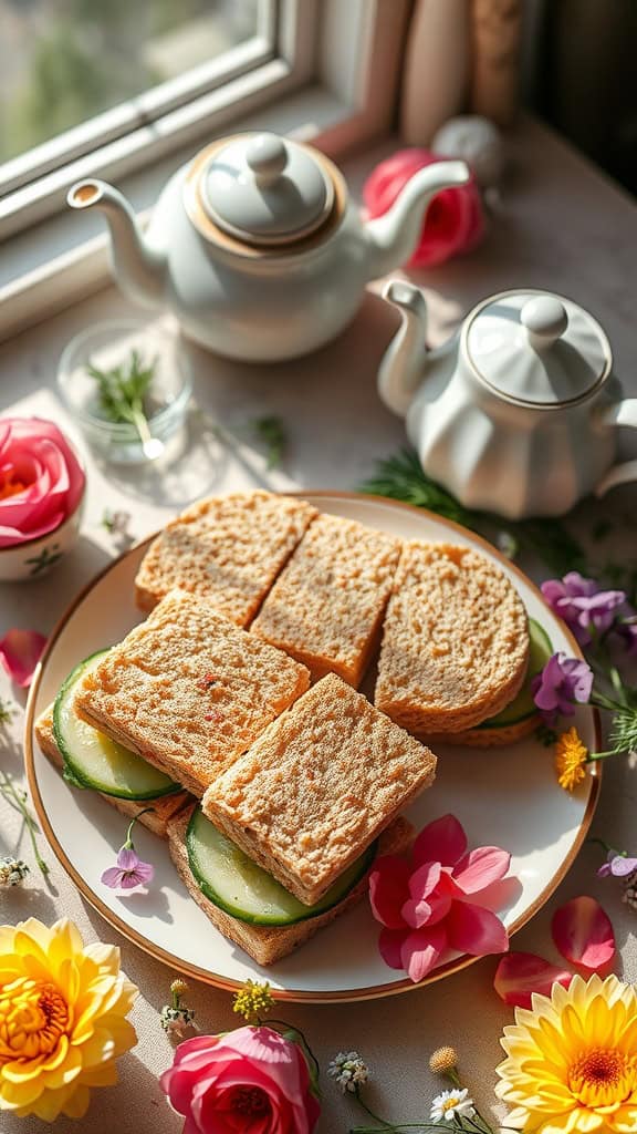 Savory cucumber and dill tea sandwiches arranged on a plate.