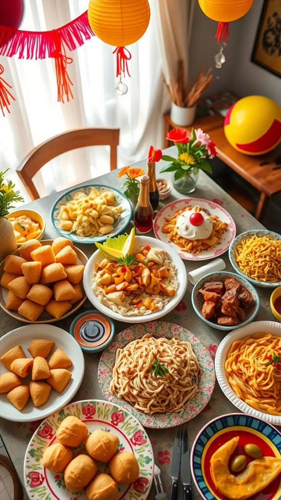 A beautifully arranged table with various Filipino dishes including noodles, chicken, and colorful vegetables.