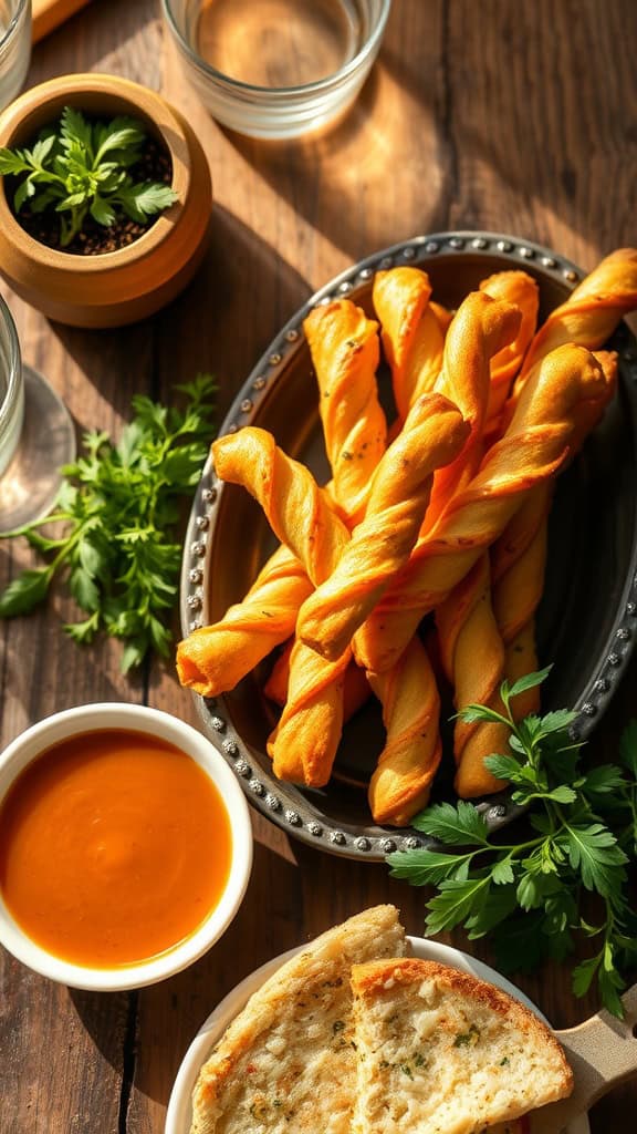 Savory herb and cheese puff pastry twists served with a dipping sauce