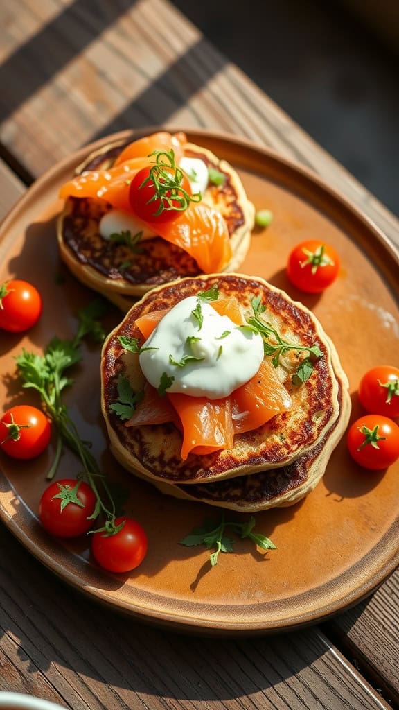 Savory mini pancake stacks topped with smoked salmon and sour cream, garnished with herbs and served with cherry tomatoes.