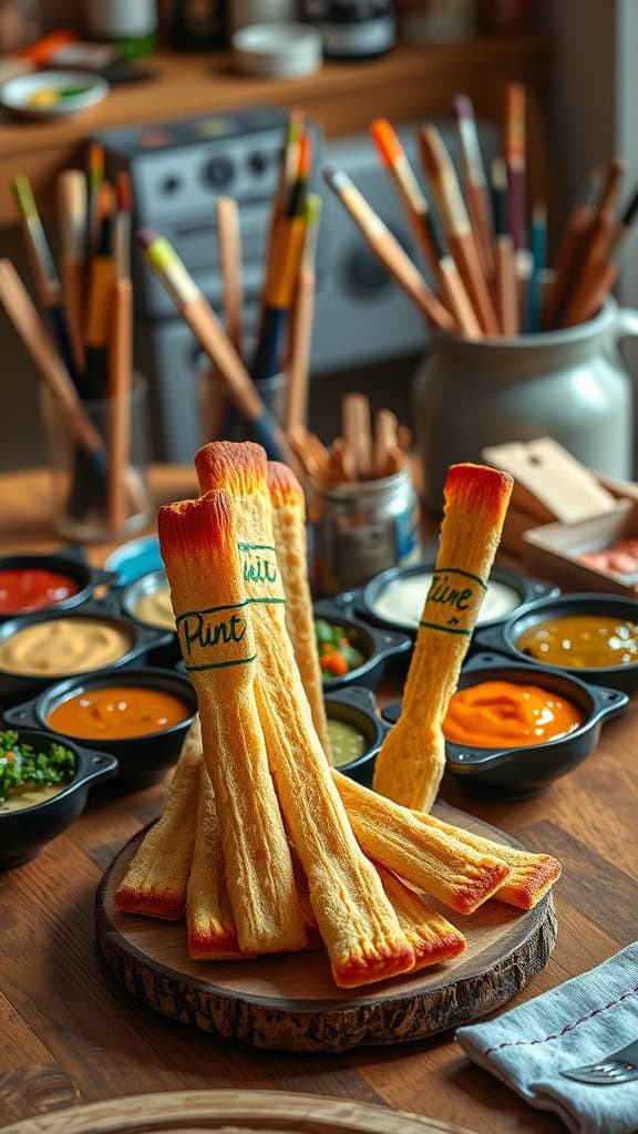 Savory paintbrush-shaped breadsticks with colorful tips arranged on a wooden board, accompanied by various dips in small bowls.