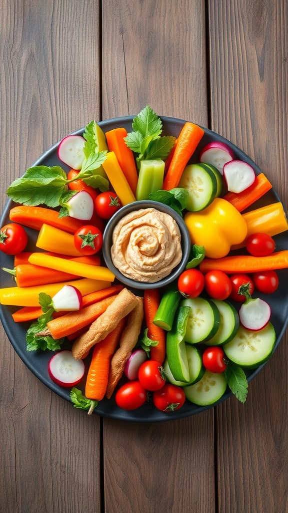 A colorful rainbow veggie platter with a variety of fresh vegetables arranged beautifully.