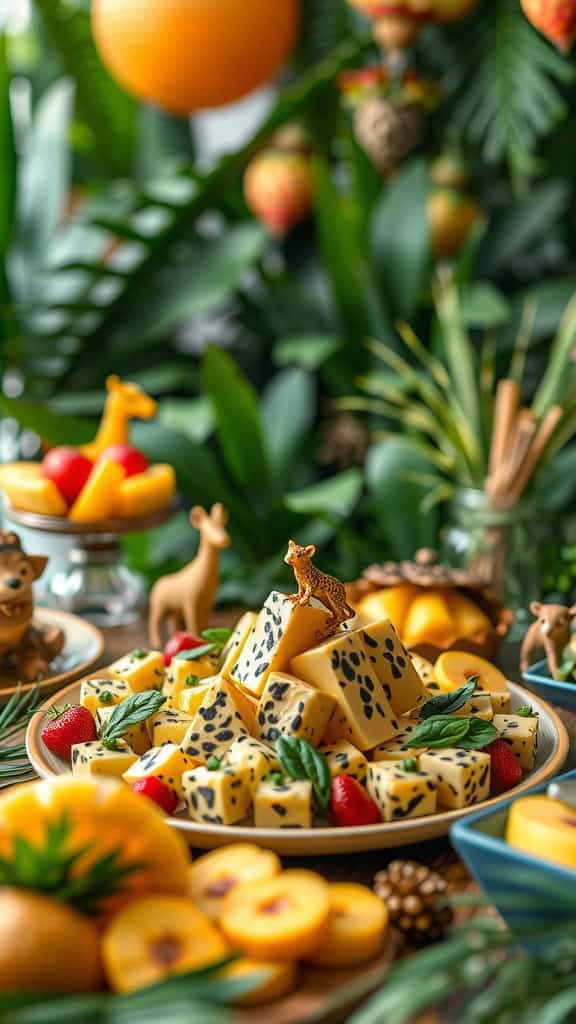 Cheetah cheese cubes on a safari-themed food table