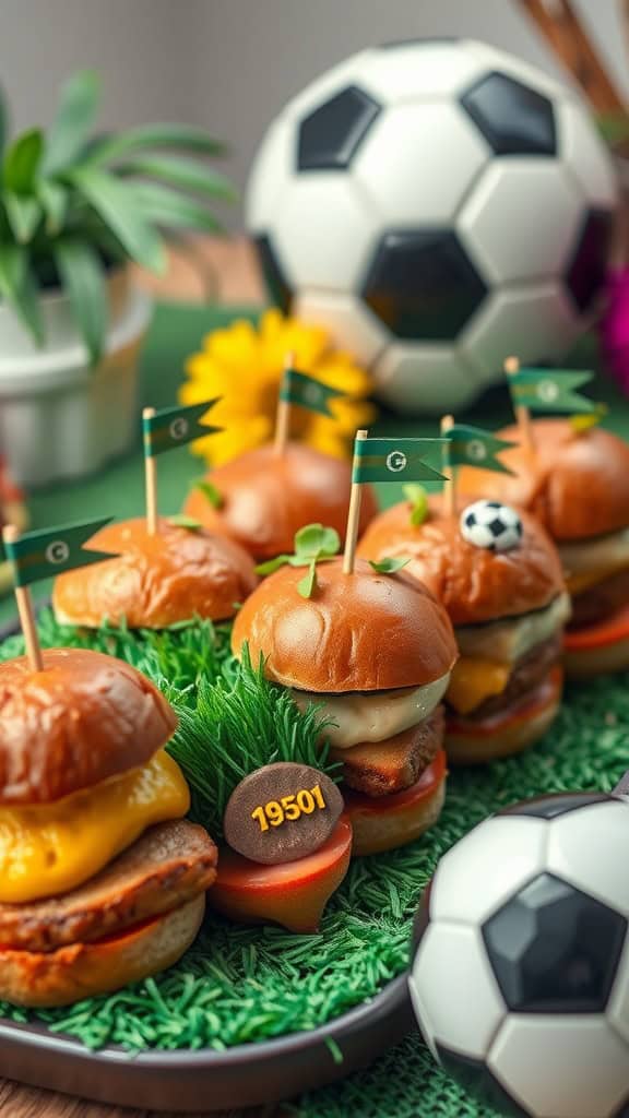 Savory soccer-themed sliders with flags on a green platter.