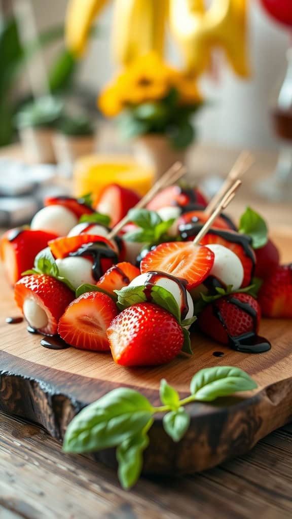 Savory Strawberry Caprese Skewers served on a wooden platter