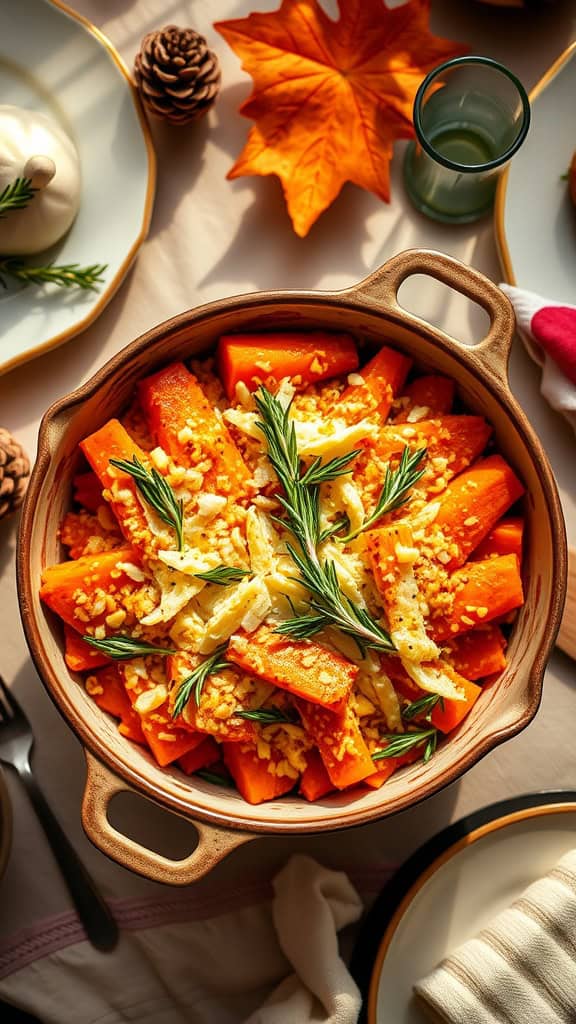 A savory sweet potato casserole with garlic, rosemary, and Parmesan, garnished with fresh herbs.