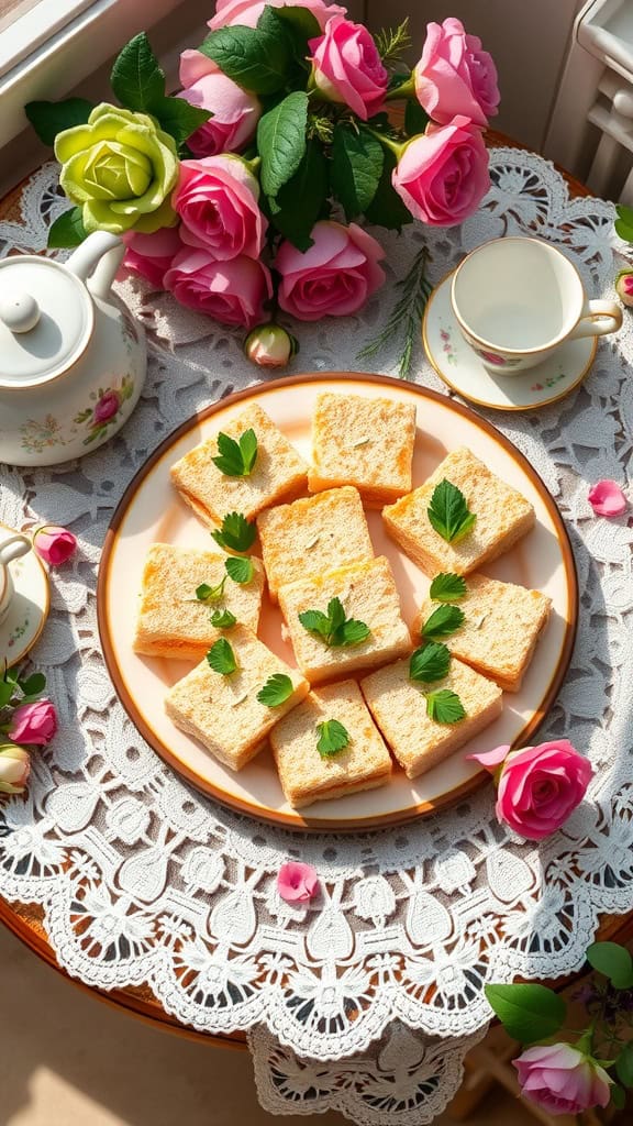 Mini cucumber sandwiches on a plate, garnished with herbs.