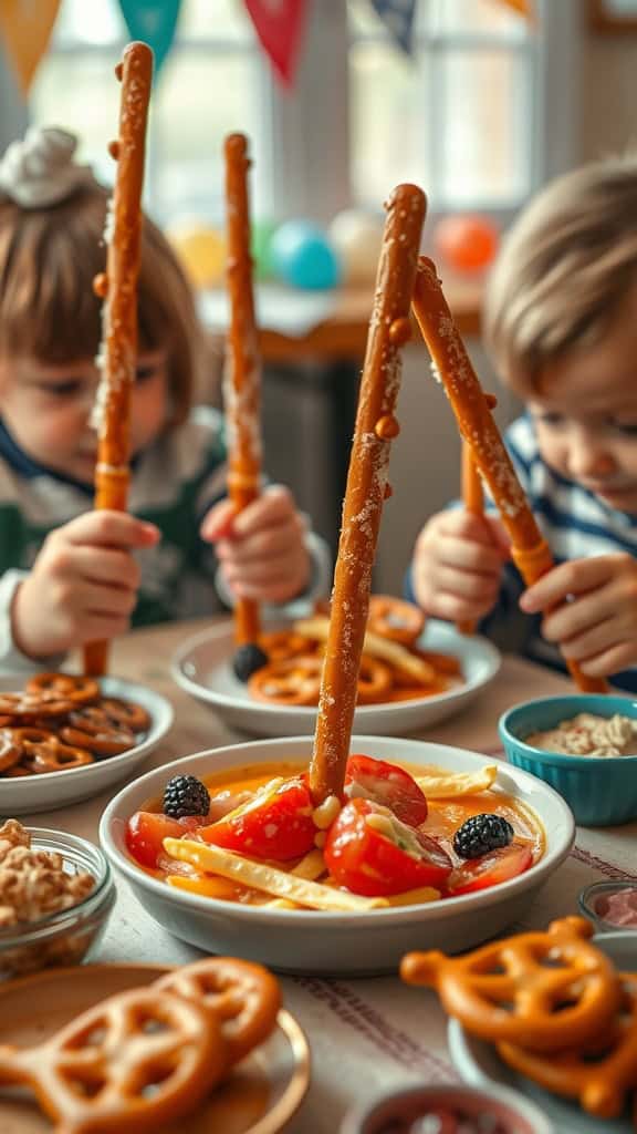 Sea-salted pretzel rods served as fishing poles for kids to enjoy during a party.