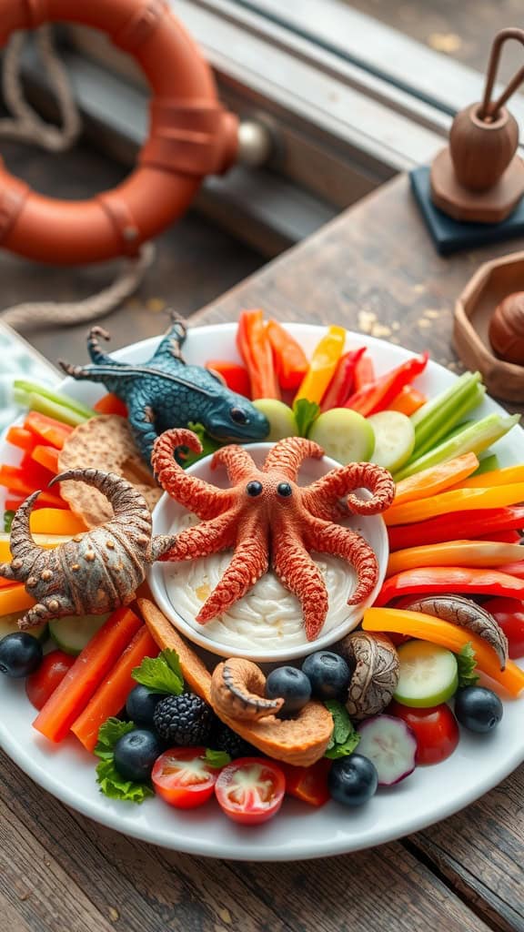 A colorful veggie platter with an octopus dip center, surrounded by various fresh vegetables.