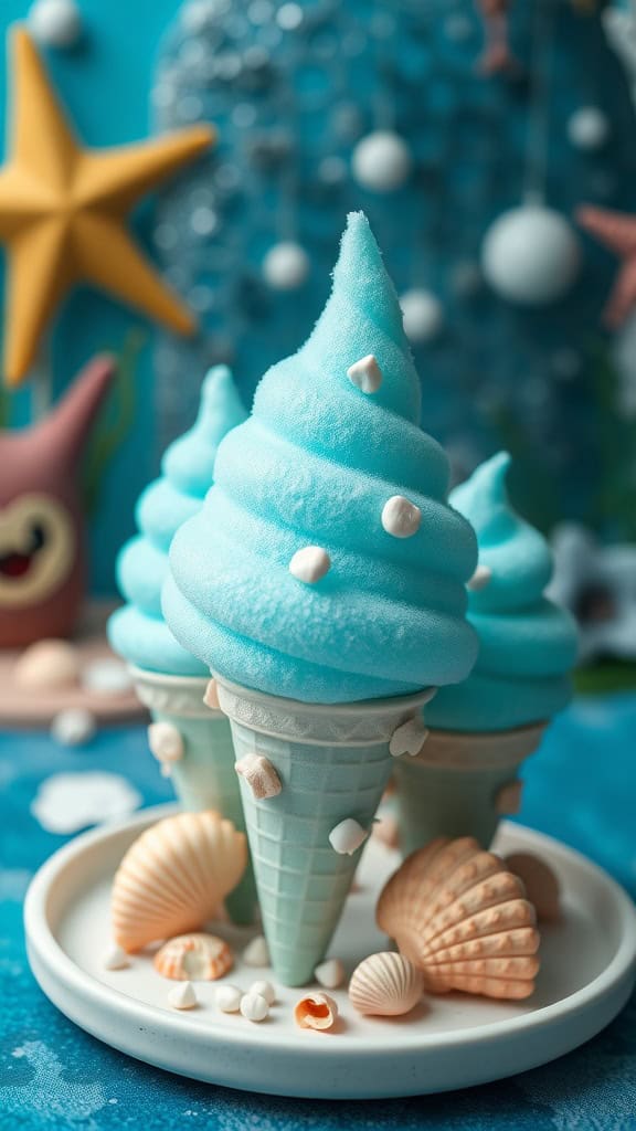 Cotton candy served in ocean-themed cones, featuring light blue and green swirls.