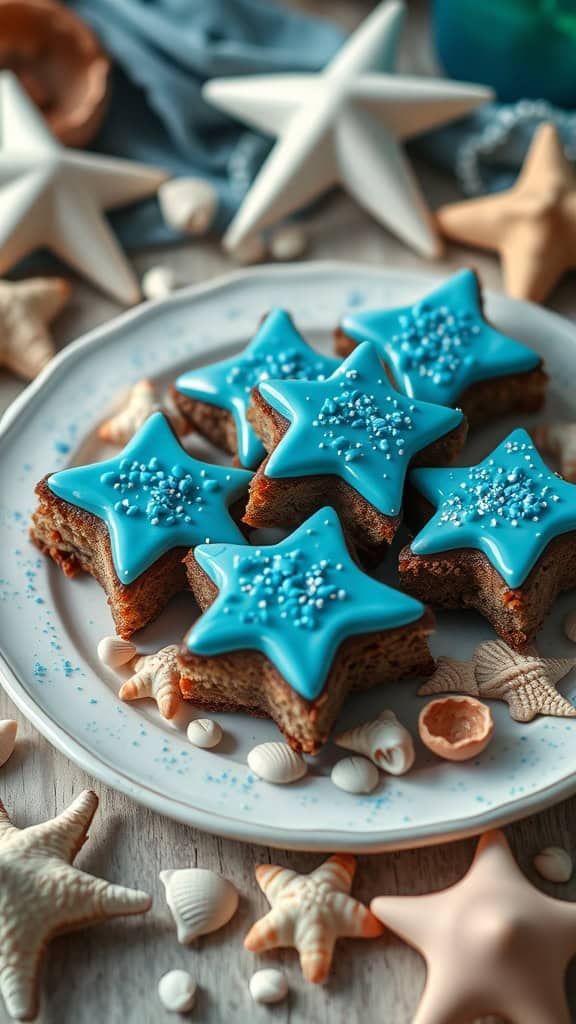 Delicious Sea Star brownies decorated with blue icing and sprinkles, perfect for ocean-themed parties.