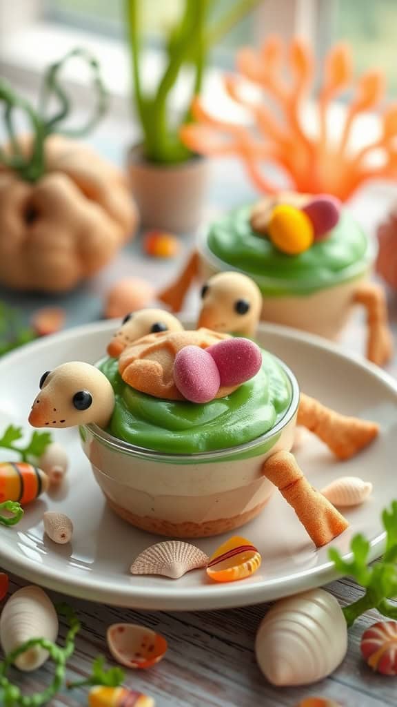 Sea Turtle Pudding Cups with green pudding, cookie shells, and candy flippers.