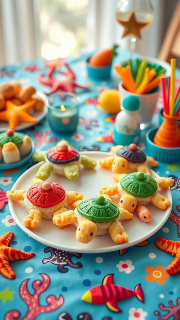 Colorful sea turtle-shaped sandwiches on a plate, perfect for a kids' ocean-themed party.