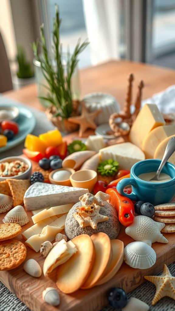 A beautifully arranged seashell-themed cheese board featuring various cheeses, crackers, fruits, and decorations.