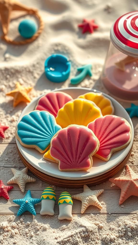 Cute seashell-shaped sugar cookies in vibrant colors.