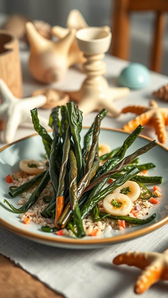 Seaweed pretzel sticks arranged on a plate for an ocean-themed party snack.