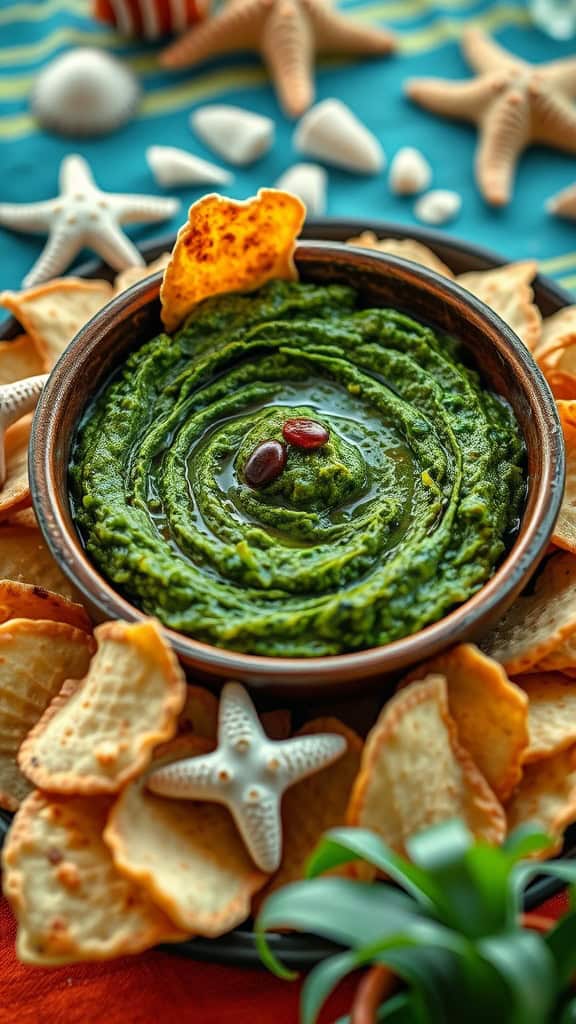 Seaweed Spinach Dip served with crispy pita chips