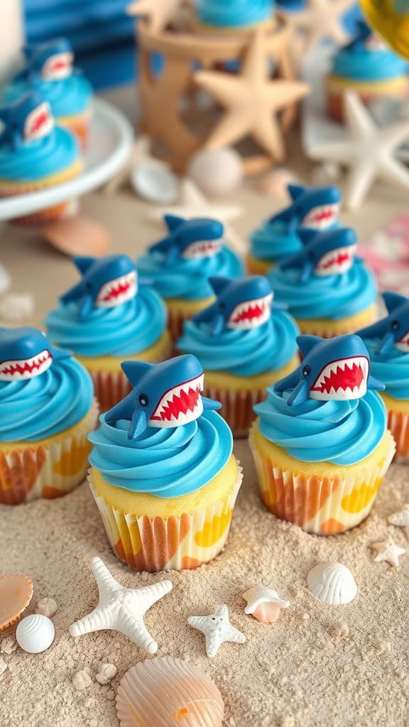 Colorful shark cupcakes for a fun ocean-themed party.