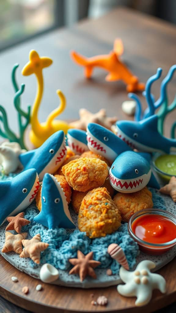 Creative shark-shaped chicken nuggets served with colorful dipping sauces on a festive plate.