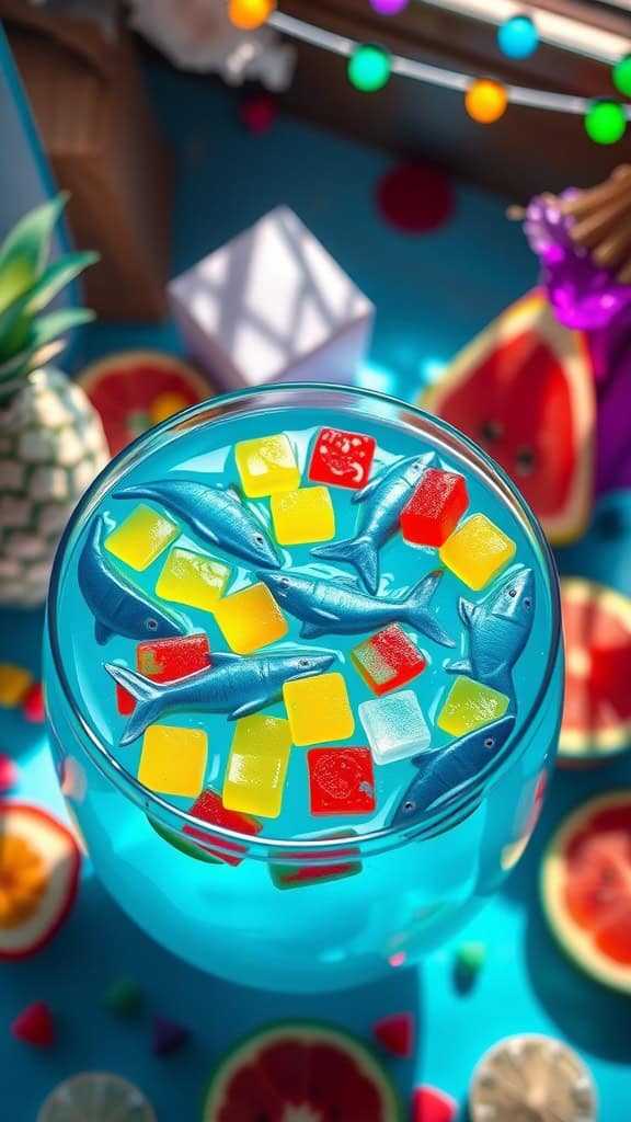 A vibrant Shark Bite Punch featuring floating gummy sharks and colorful fruit pieces.